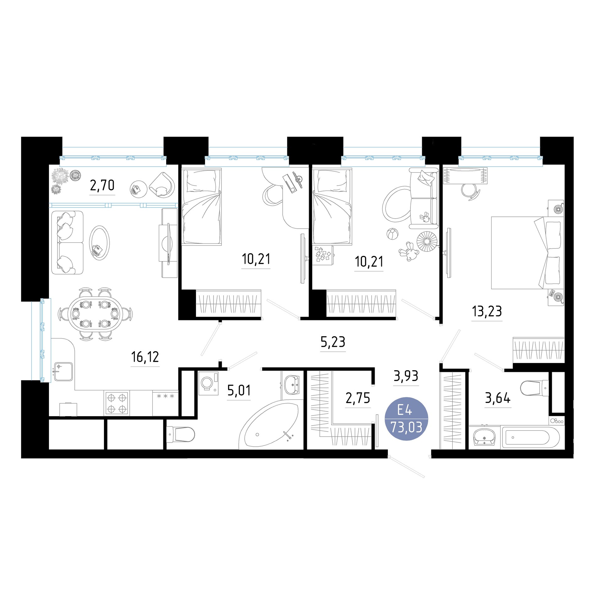 Квартира с тремя спальнями и гостиной 73м² (Евро-4)